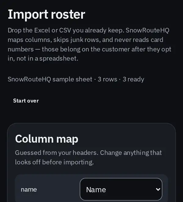 Import screen with the built-in sample sheet and its columns mapped