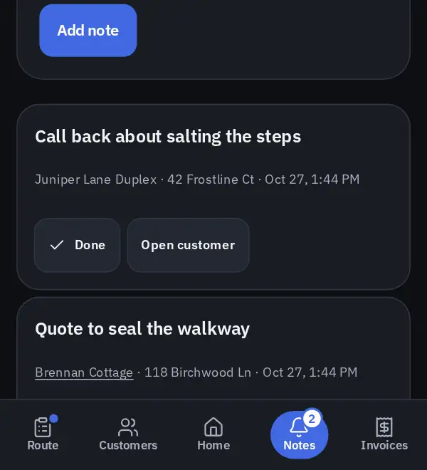 Notes screen with two open sample notes, each with Done and Open customer buttons