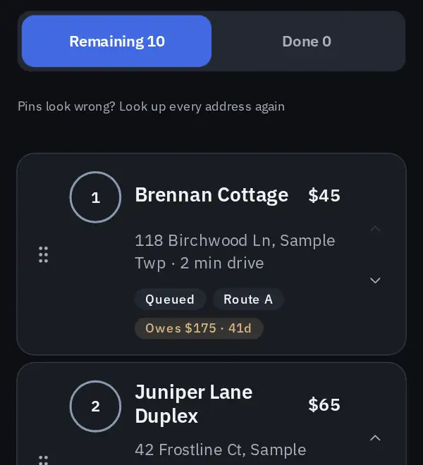 Route screen with sample stops numbered closest first, each with its drive time