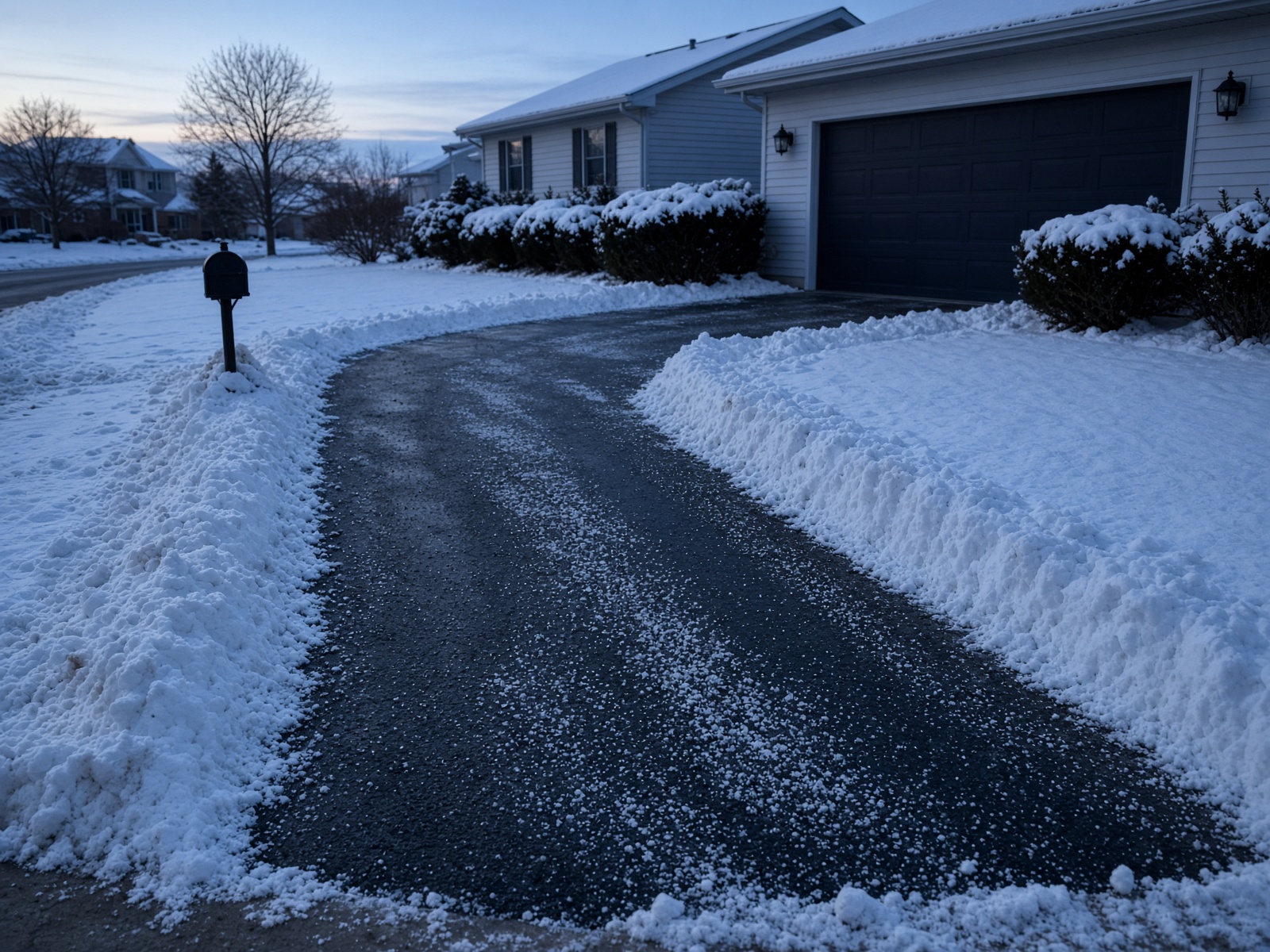A driveway cleared to the pavement after a night plow, porch light still on